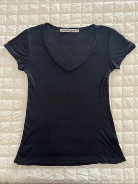 Michael Stars Black One Size Thin Supima Soft Short Sleeve V Neck Womens Top